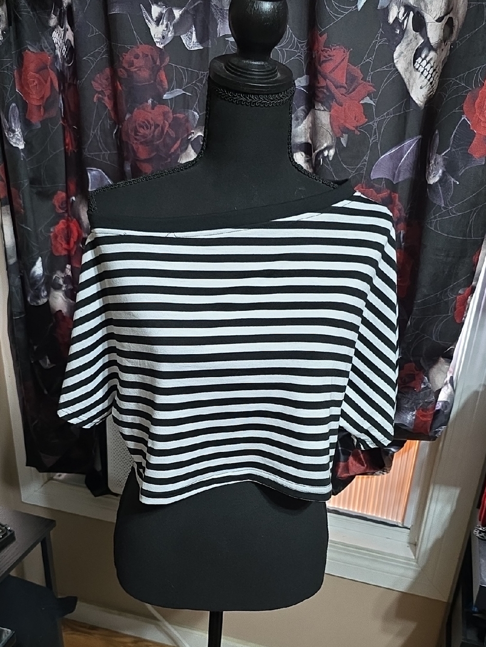 Black & White Striped Off-Shoulder Women's Top